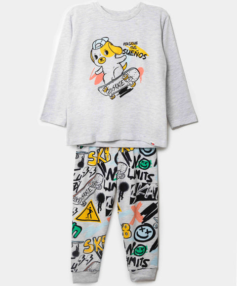 Pijama Manga Larga Y Pantalón Para Bebé Niño En Tela Suave Color Blanco Jaspe
