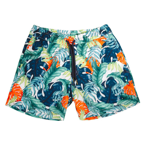Bermuda de playa para niño en poliéster color verde con estampado de hojas