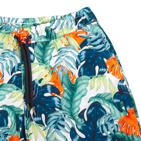 Bermuda de playa para niño en poliéster color verde con estampado de hojas