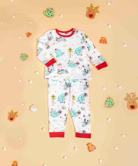 Pijama Navideña Unisex Para Bebés En Tela Suave Color Blanco Estampado