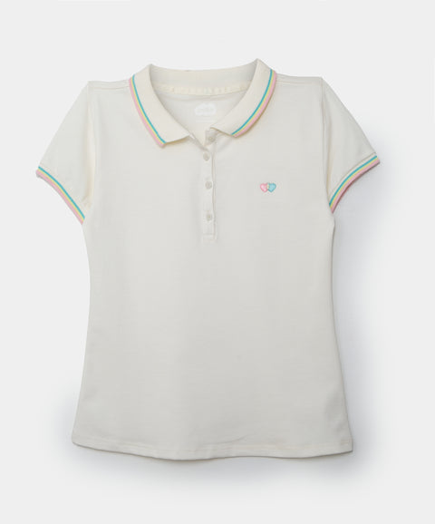 Camiseta tipo polo para niña en algodón color marfil