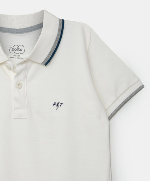 Camiseta tipo polo para bebé niño en algodón color marfil