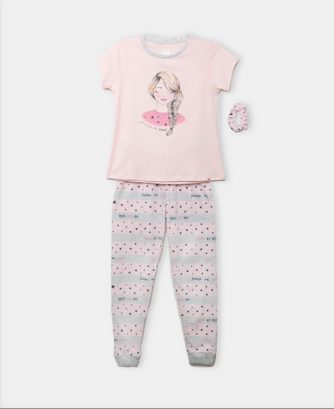 Pijama Manga Corta Y Pantalón Para Niña En Licra Color Rosado Claro
