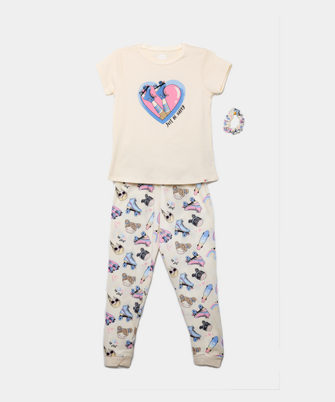 Pijama Manga Corta Y Pantalón Para Niña En Licra Color Amarillo Y Marfil
