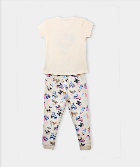 Pijama Manga Corta Y Pantalón Para Niña En Licra Color Amarillo Y Marfil