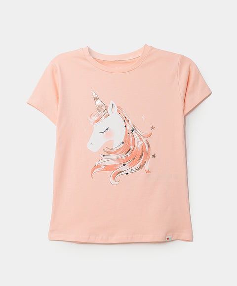 Camiseta manga corta para niña en licra color melón claro