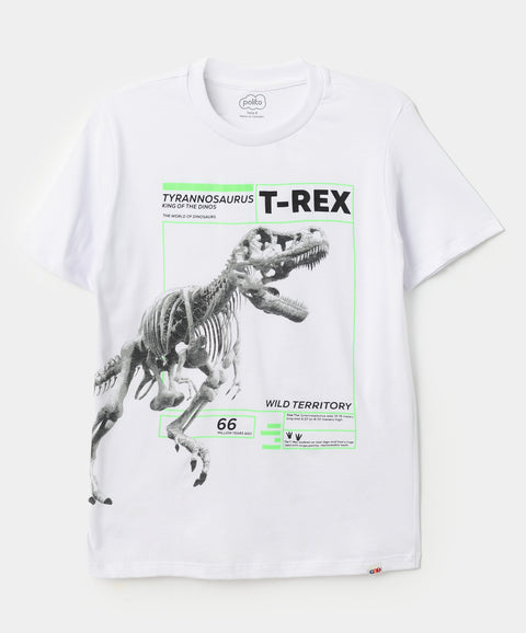 Camiseta Para Niño En Tela Suave Color Blanco Con Estampado De Ti Rex