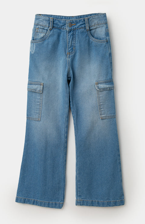 Jean Cargo Para Niña En Denim Color Índigo Claro