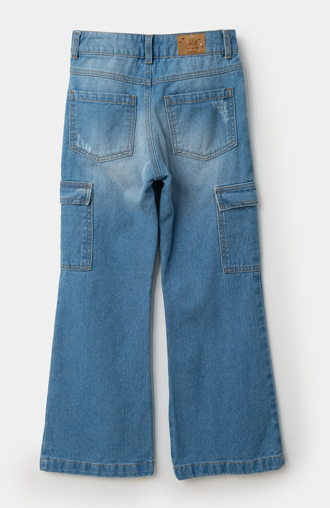Jean Cargo Para Niña En Denim Color Índigo Claro