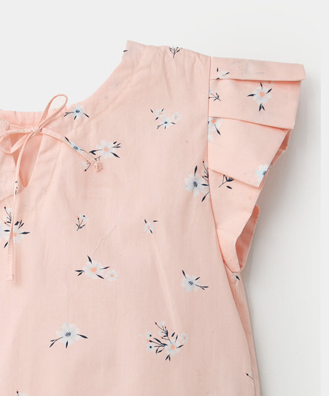 Blusa manga corta para niña en popelina color rosado con estampado de flores