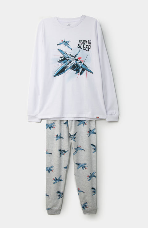 Pijama manga larga para niño en tela suave color blanco