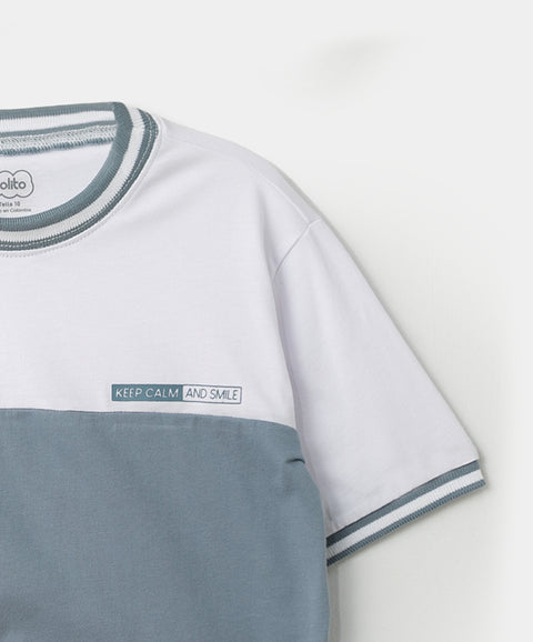 Camiseta manga corta para niño en tela suave color azul con blanco