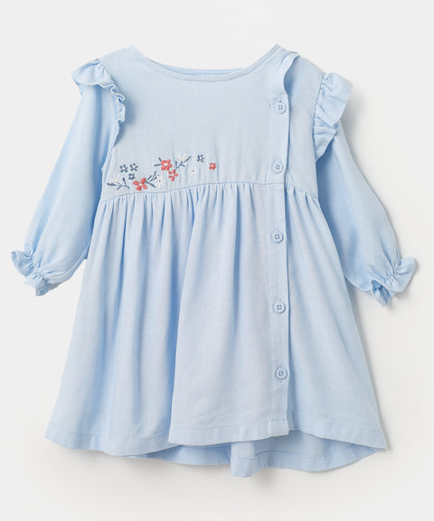 Vestido manga larga para recién nacida en lino color azul claro