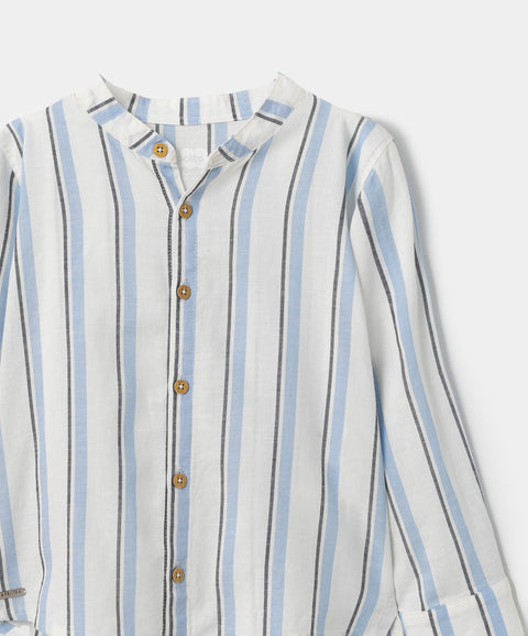 Camisa manga larga para bebé niño en lino color blanco con rayas azules