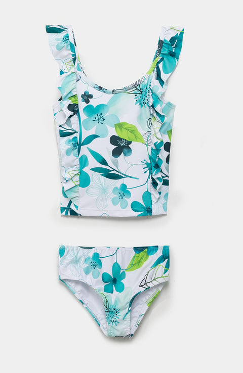Vestido de baño para niña en licra color verde azul con blanco