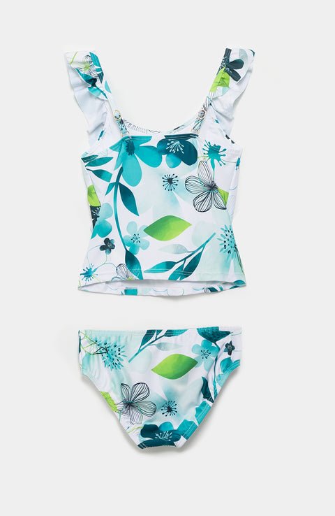 Vestido de baño para niña en licra color verde azul con blanco