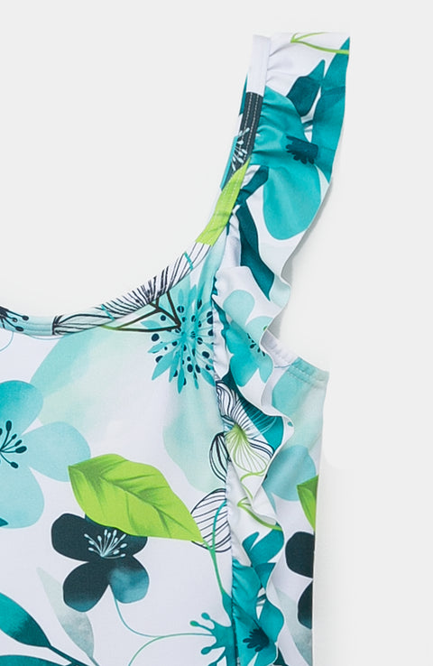 Vestido de baño para niña en licra color verde azul con blanco