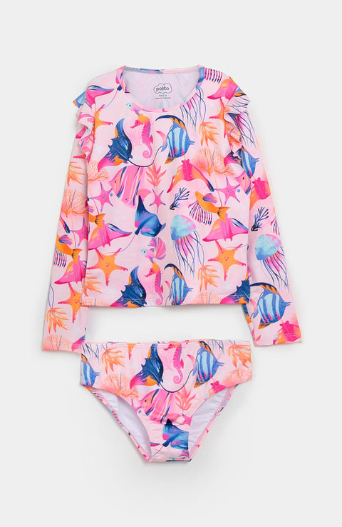 Vestido de baño para niña en licra color lila con rosado