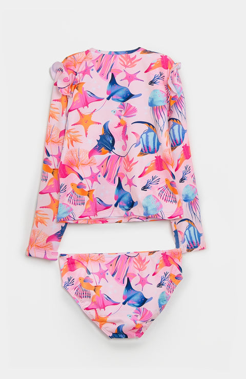 Vestido de baño para niña en licra color lila con rosado