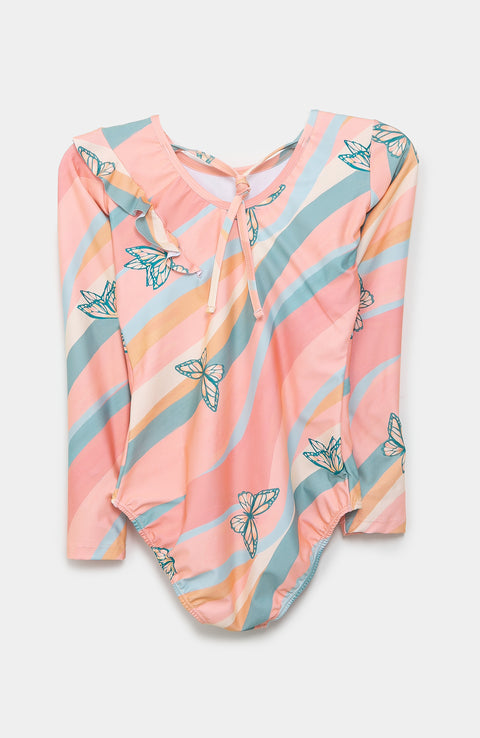 Vestido de baño entero para niña en licra color amarillo con rayas abstractas