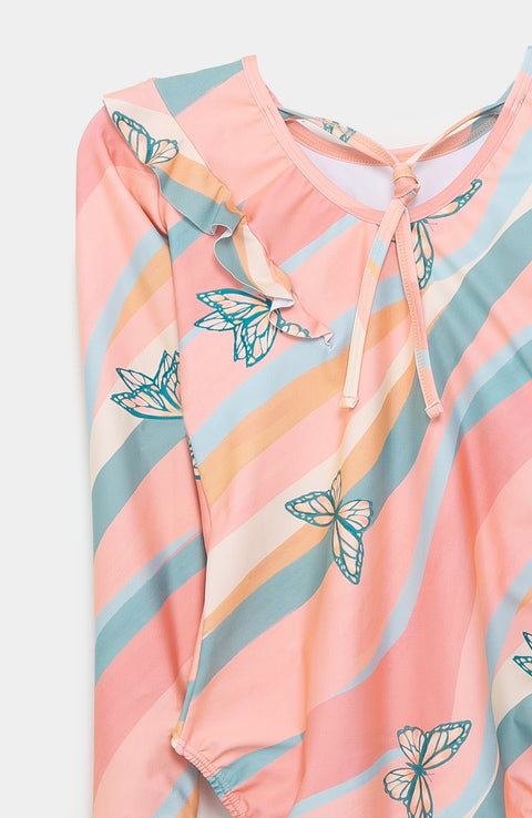Vestido de baño entero para niña en licra color amarillo con rayas abstractas