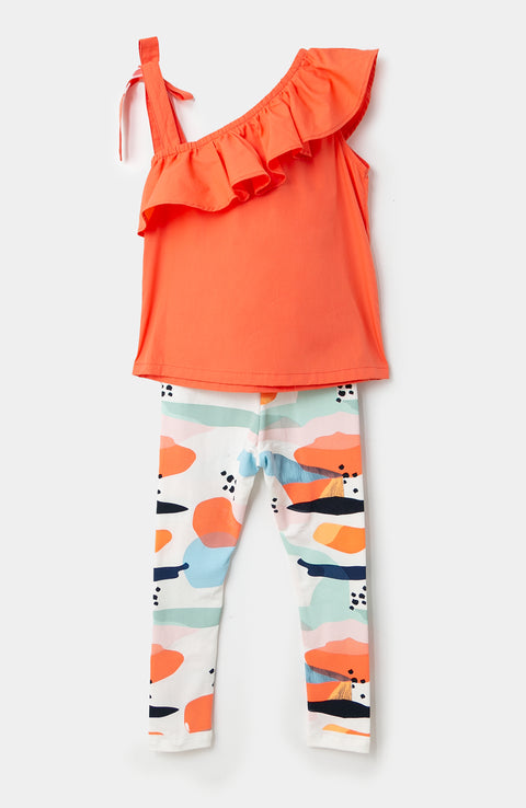 Conjunto de leggins y blusa para bebé niña en popelina color naranja