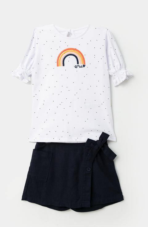 Conjunto de falda y blusa para bebé niña en tela suave color blanco con azul