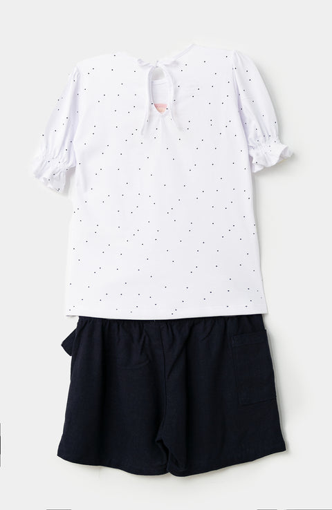 Conjunto de falda y blusa para bebé niña en tela suave color blanco con azul