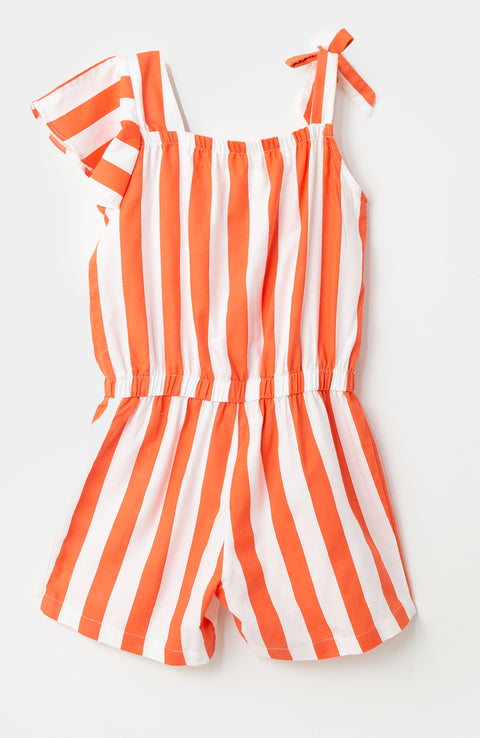 Enterizo para niña en tela suave color blanco y rayas naranjas