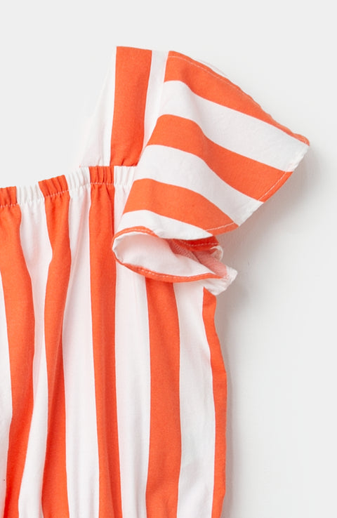 Enterizo para niña en tela suave color blanco y rayas naranjas