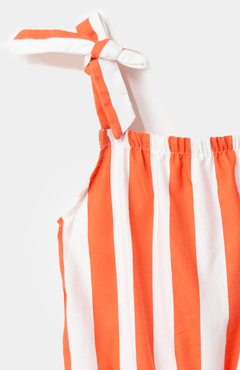 Enterizo para niña en tela suave color blanco y rayas naranjas