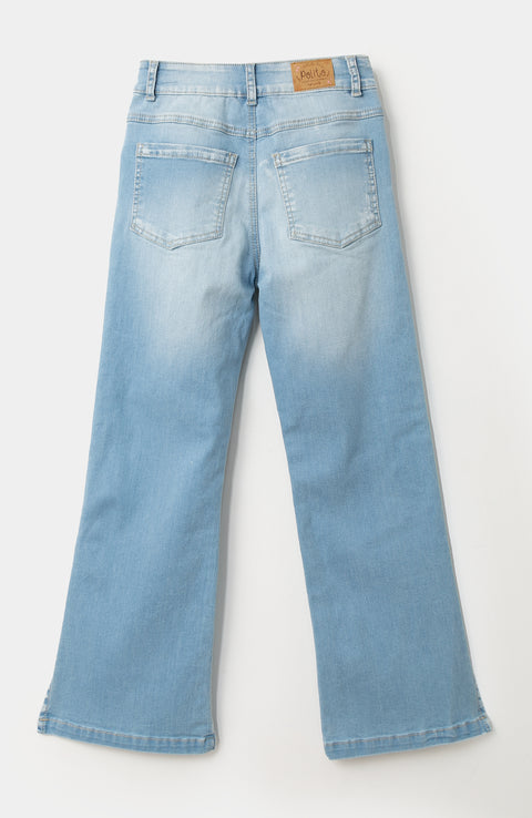 Jean flare para niña en denim color índigo claro