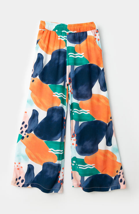 Pantalón wide leg para niña en lino multicolor