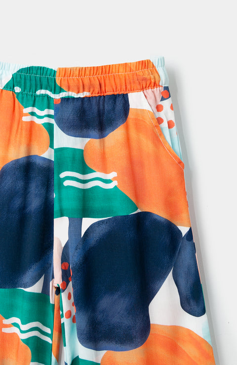 Pantalón wide leg para niña en lino multicolor