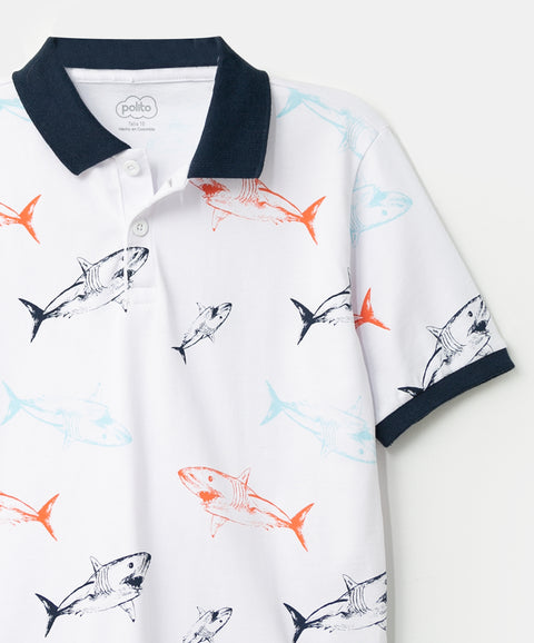 Camiseta estampada Tipo Polo Para Niño En Algodón Color Blanco