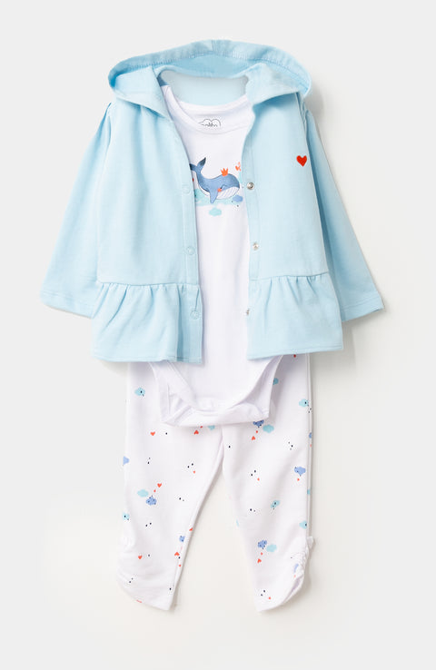 Set x 3 para recién nacida en burda color aqua con blanco