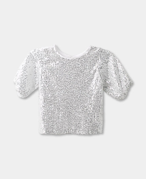 Camiseta Manga Corta Para Niña En Satín Con Lentejuela Color Blanco