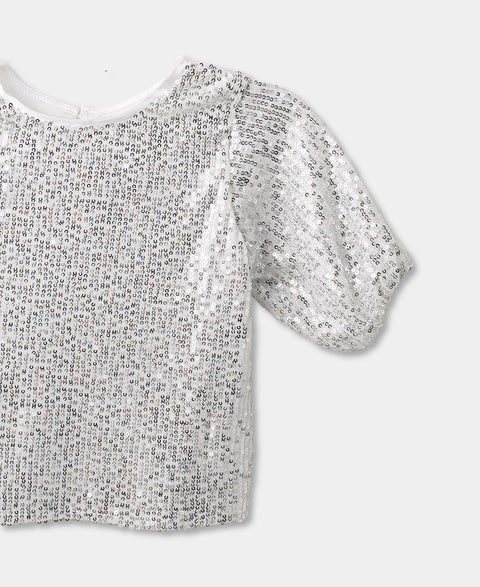 Camiseta Manga Corta Para Niña En Satín Con Lentejuela Color Blanco