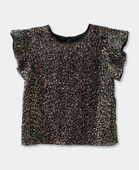 Camiseta Manga Corta Para Niña En Satín Con Lentejuela Color Negro