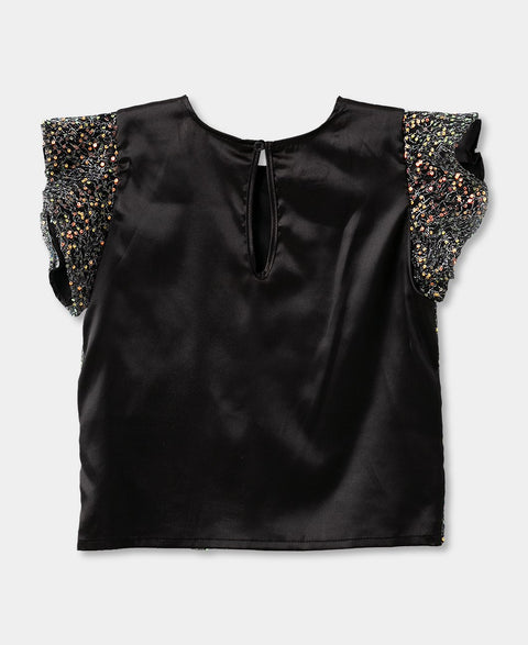 Camiseta Manga Corta Para Niña En Satín Con Lentejuela Color Negro