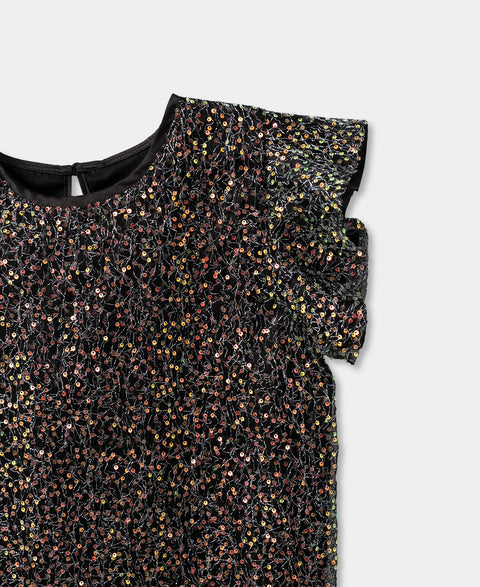 Camiseta Manga Corta Para Niña En Satín Con Lentejuela Color Negro