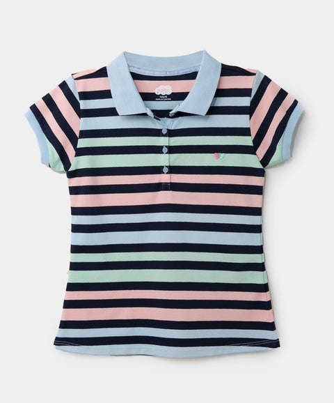 Camiseta Tipo Polo Para Niña En Algodón Color Azul De Rayas
