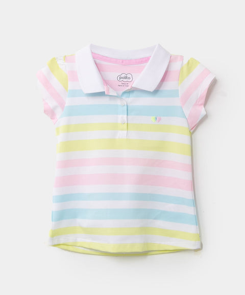 Camiseta Tipo Polo Para Bebé Niña En Algodón Color Blanco De Rayas