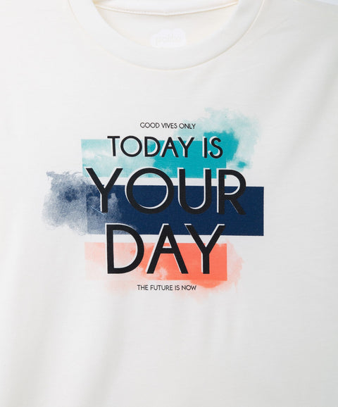Camiseta Manga Corta Para Niño En Tela Suave Color Marfil