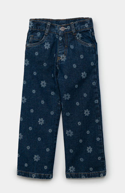 Jean Flare Para Bebé Niña En Denim Color Índigo Con Estampado De Flores