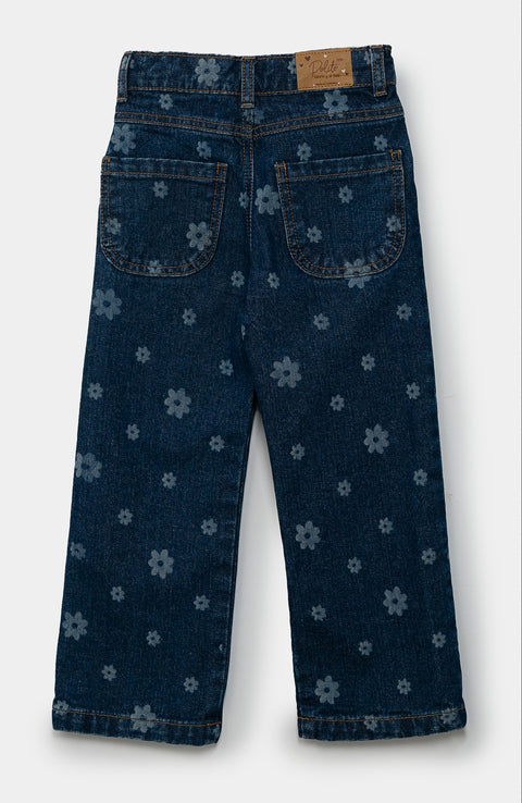 Jean Flare Para Bebé Niña En Denim Color Índigo Con Estampado De Flores