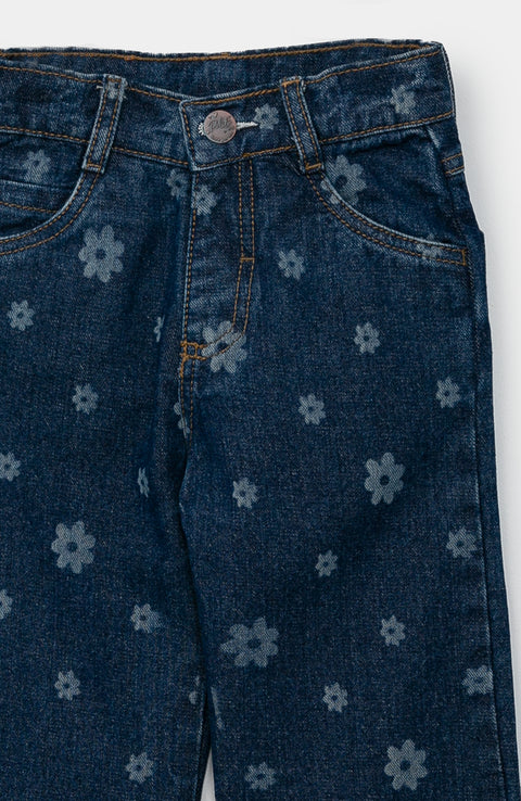 Jean Flare Para Bebé Niña En Denim Color Índigo Con Estampado De Flores