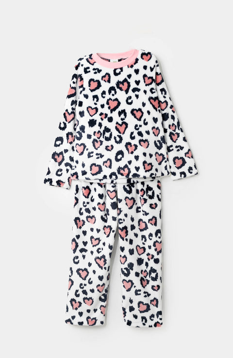 Pijama manga larga para niña en peluche color blanco con animal print