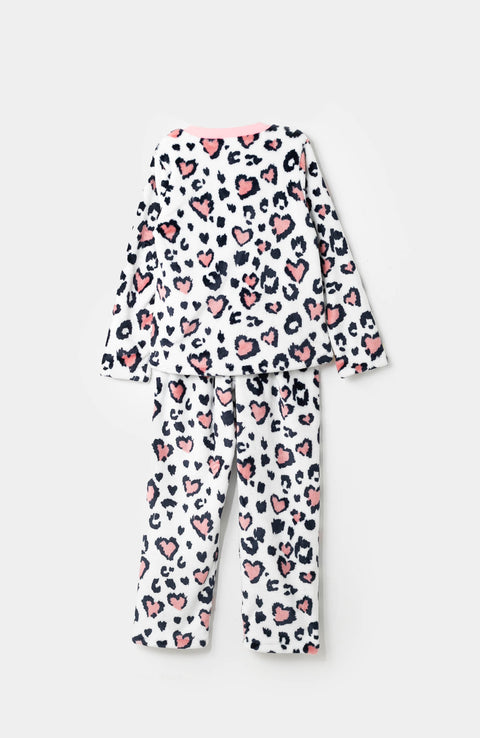 Pijama manga larga para niña en peluche color blanco con animal print
