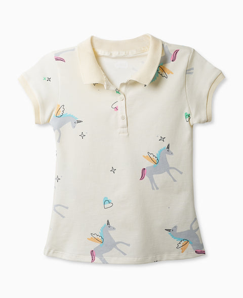 Camiseta Tipo Polo Estampada Para Bebé Niña En Algodón Color Marfil
